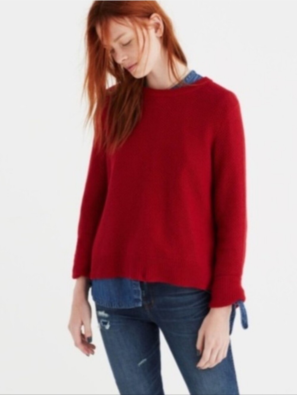 TALBOTS Red Lambswool Blend Red Sweater w/Button Back & Ruffle Cuffs | M